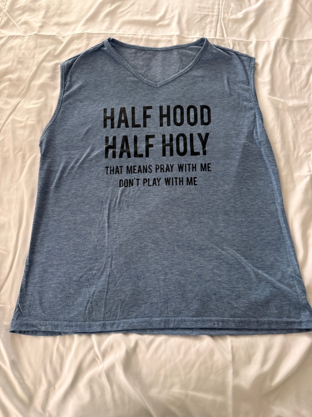 Blue Graphic Sleeveless V-Neck Tee - "Half Hood Half Holy"
